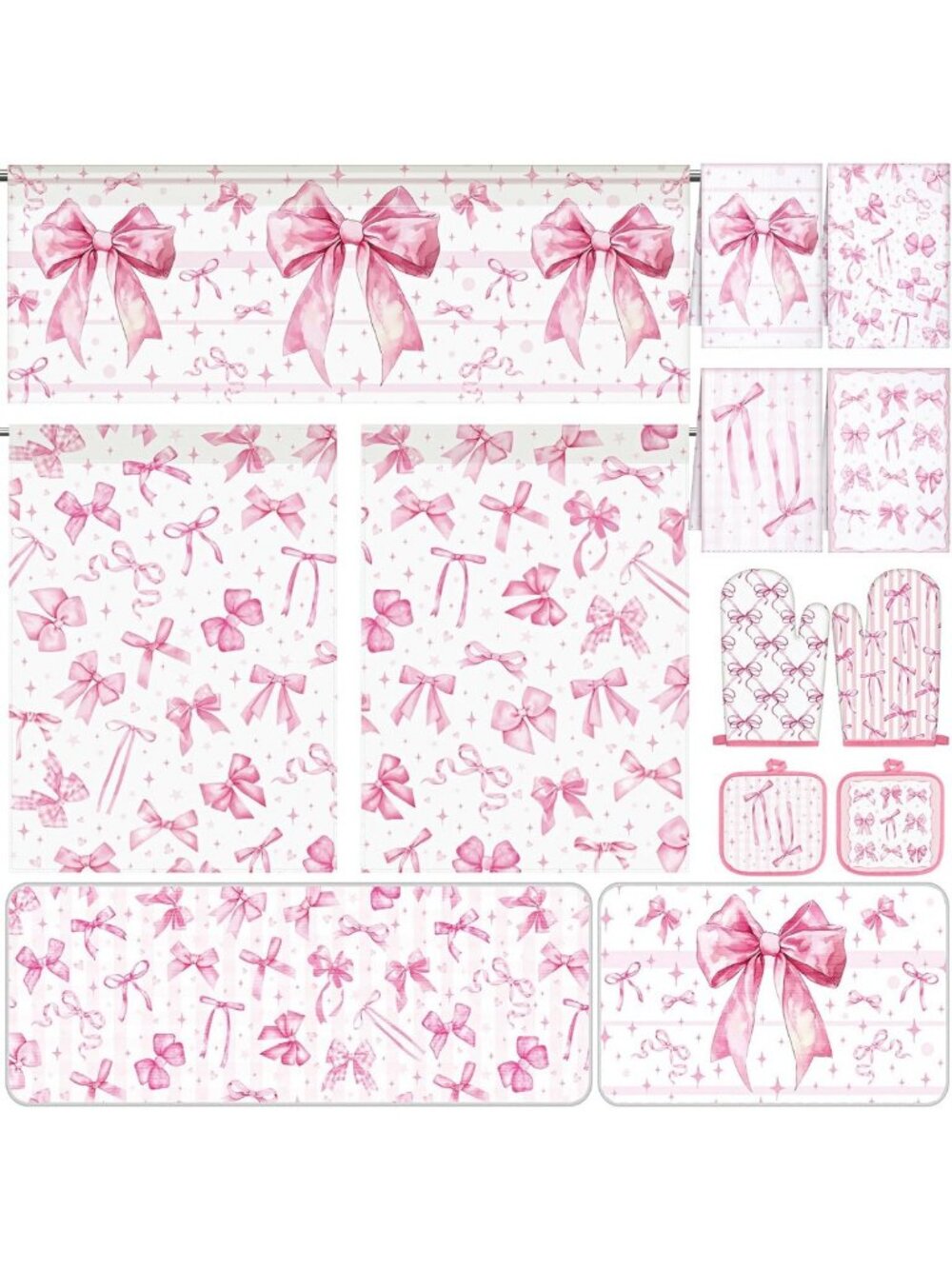 Chic 13-Piece Pink Bow Kitchen Decor Set: Curtains, Rugs, Towels & Mitts